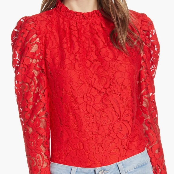 Rachel Parcell Tops - Rachel Parcell Pink Peonies Red Lace Puff Sleeve Holiday Blouse Size Medium